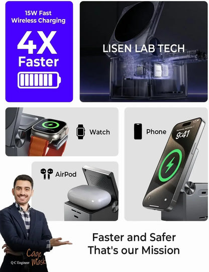 LISEN 3 in 1 Charging Station Cube for Multiple Devices Apple Fortravel Charger for Iphone 15 Pro Max Airpods Apple Watch